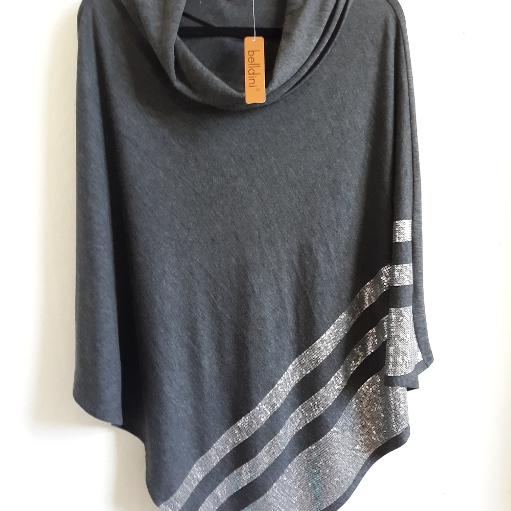 Gray Belldini Cowl Neck Bling Sequin Stripe Poncho